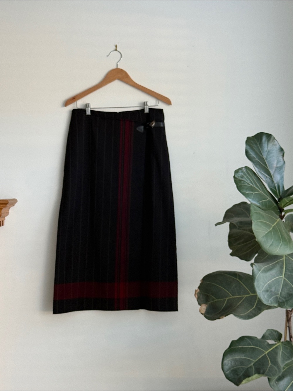 Requirements Black Pinstripe Midi Skirt with Maroon Stripe
